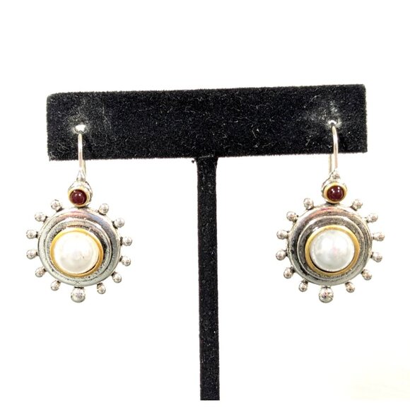 White Faux Pearl Modernist Earrings Two Tone Red Drop Chic Atomic - Picture 2 of 8